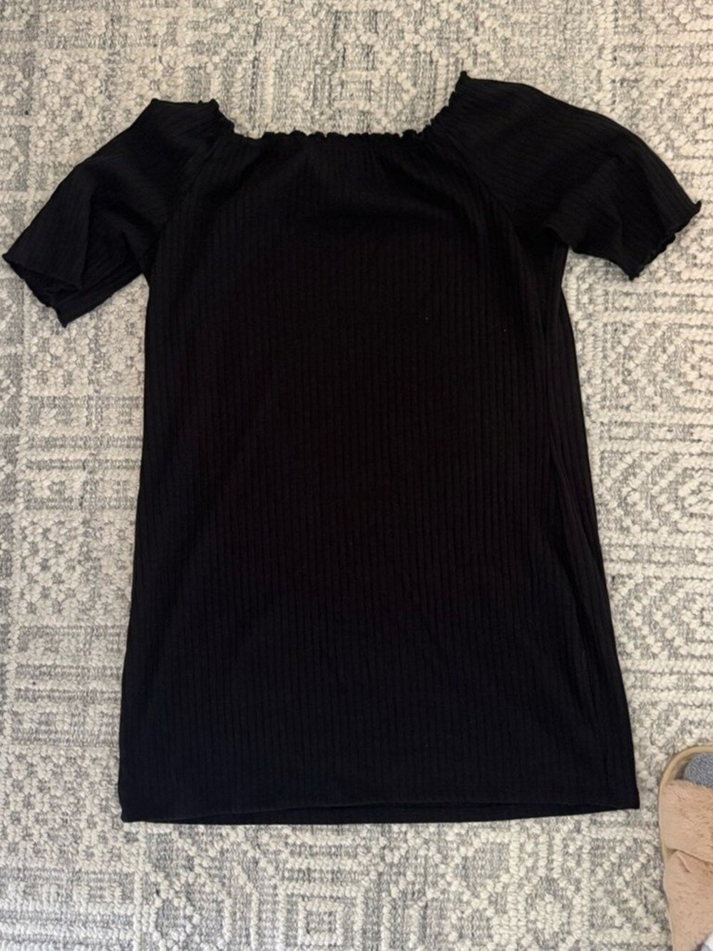 Black Ribbed Off-the-Shoulder Mini Dress Short Sleeve